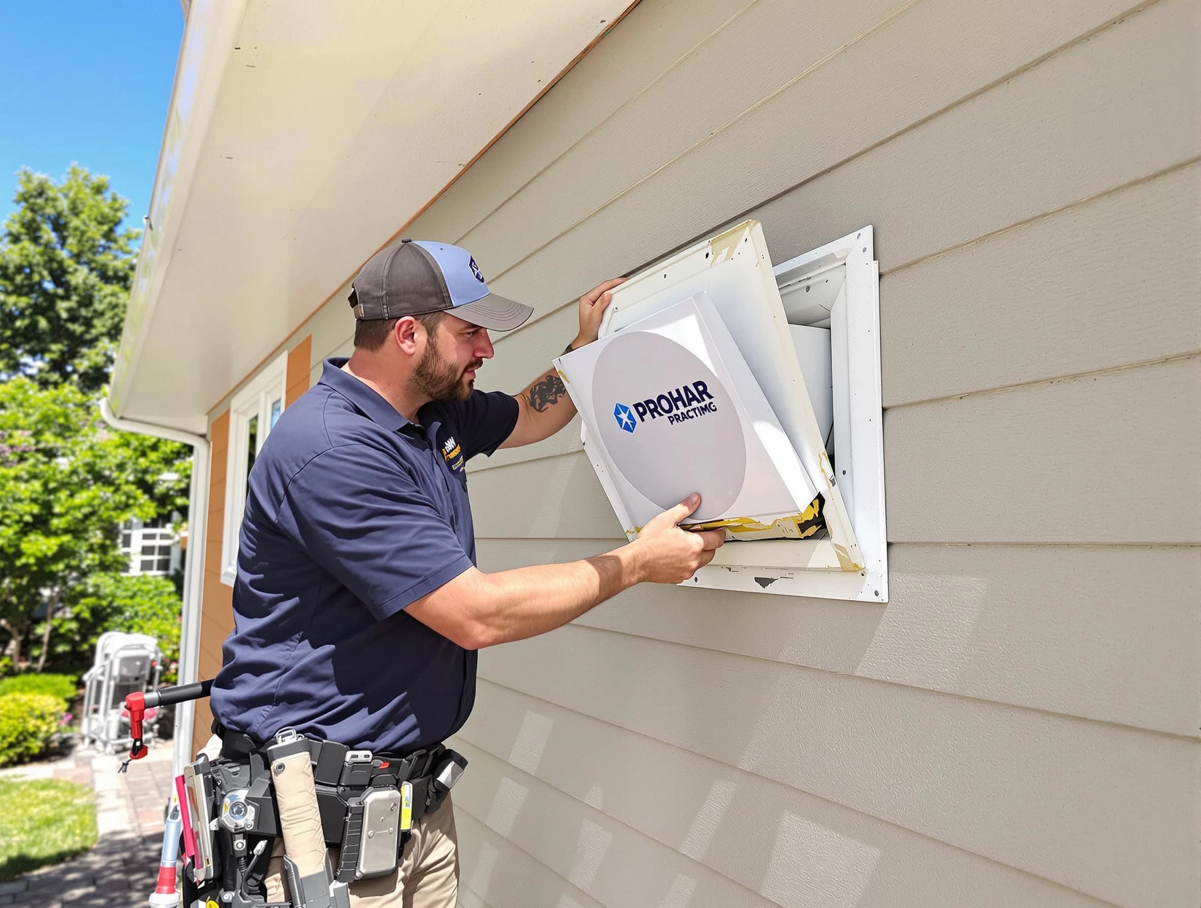 Childersburg Dryer Vent Cleaning technician installing a new protective dryer vent cover on a home in Childersburg