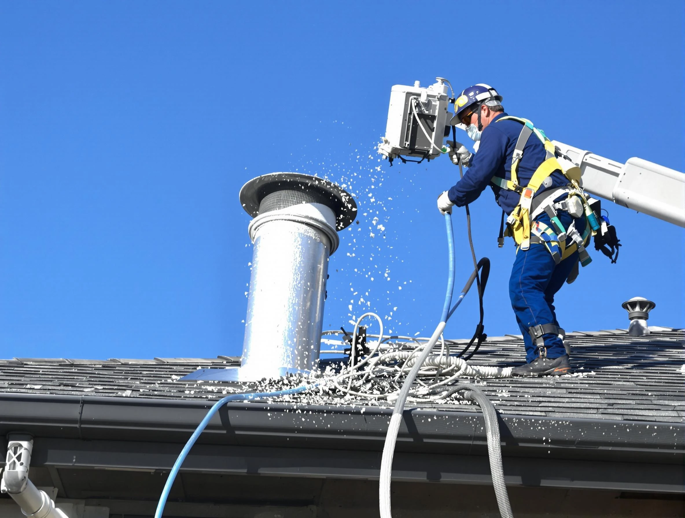 Childersburg Dryer Vent Cleaning certified technician safely cleaning a roof-mounted dryer vent in Childersburg