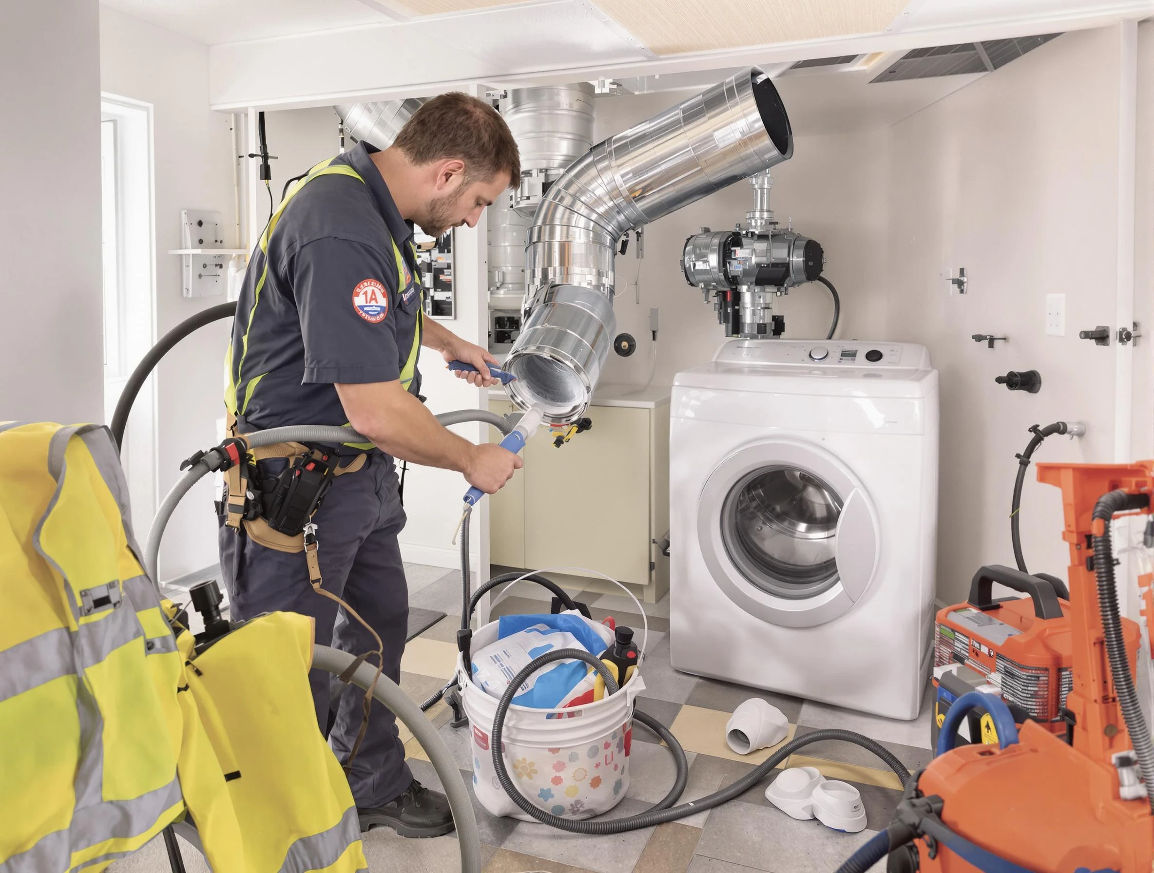Childersburg Dryer Vent Cleaning technician using specialized equipment to clear severe dryer vent blockage in Childersburg