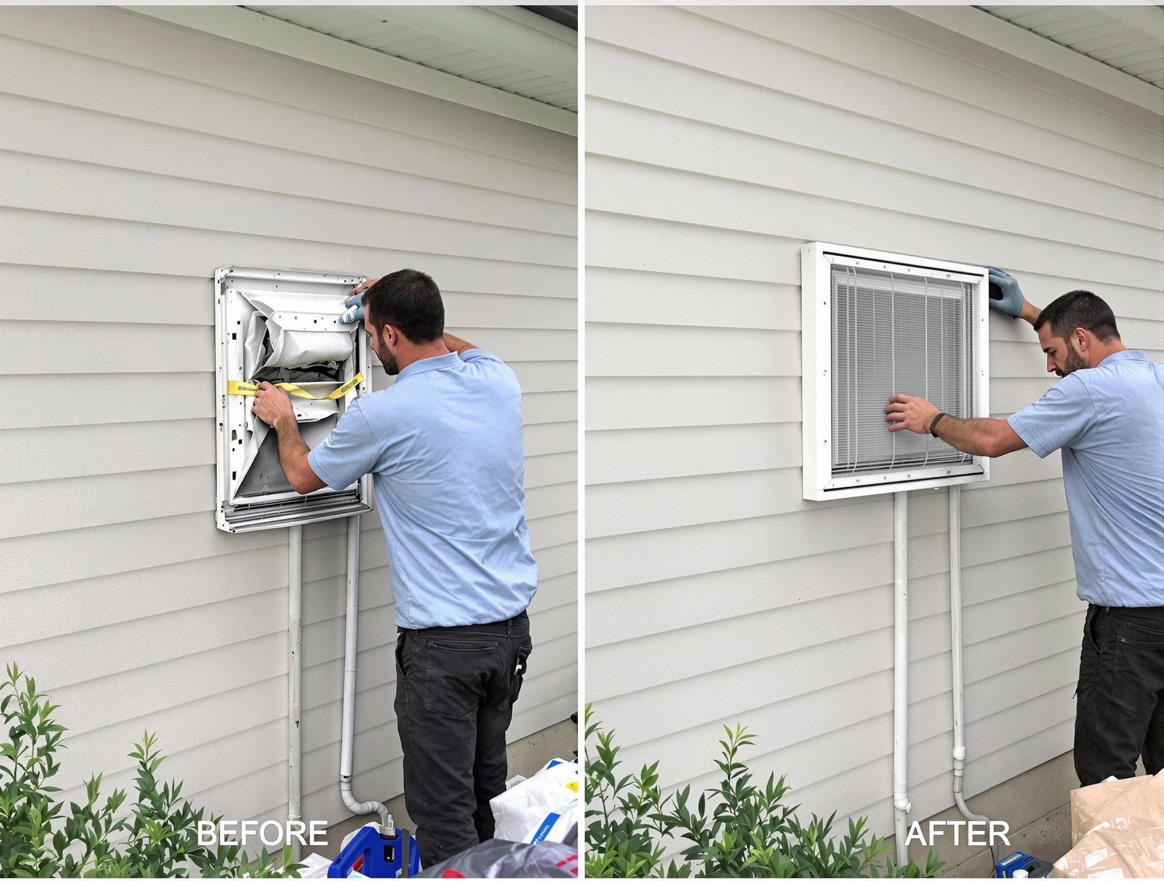 Childersburg Dryer Vent Cleaning technician installing high-quality dryer vent cover at a residential property in Childersburg